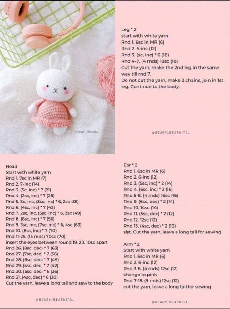 the instructions for crocheted stuffed animals are shown in pink and white, with text below