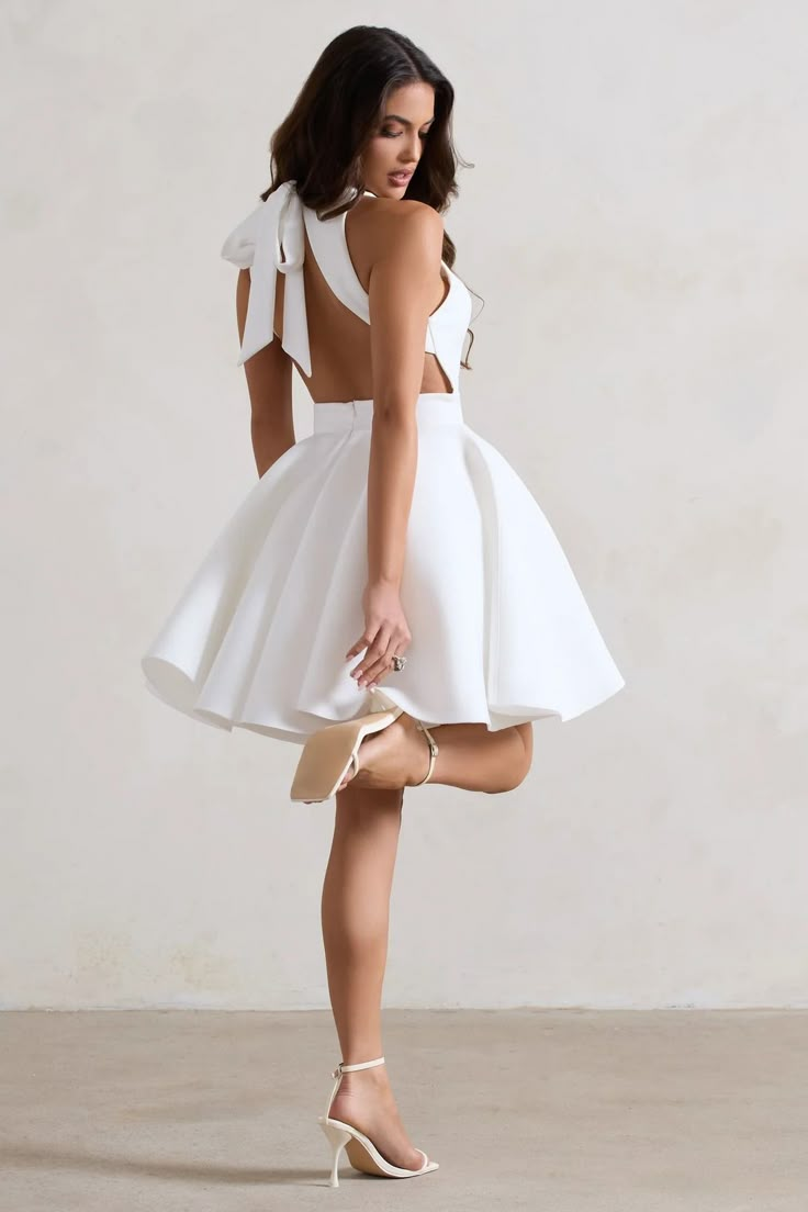 Waverly White Racer-Neck Sleeveless Skater Mini Dress – Club L London - USA After Wedding Dress, After Party Dress, Short White Dress, White Dresses Graduation, Skater Mini Dress, Classy Short Dresses, Graduation Photography Poses, Dresses Graduation, Dinner Dress Classy