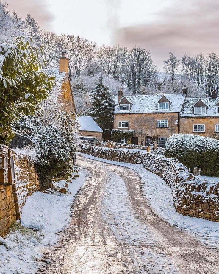 a snow covered road with houses and trees in the background