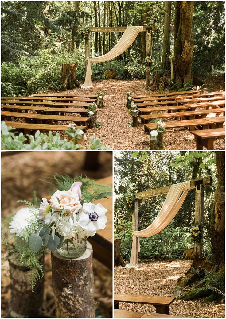 an outdoor ceremony setup with wooden benches and flowers in vases on the ground, surrounded by greenery