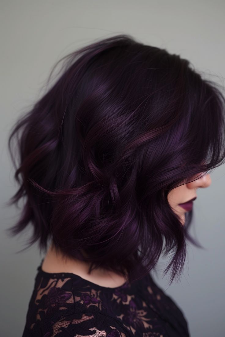 Dark Dyed Hair, Midnight Purple Hair, Purple Hair Ideas, Balayage Long Hair, Midnight Purple, Dark Purple Hair, Plum Hair, Medium Curly Hair Styles, Confident Women