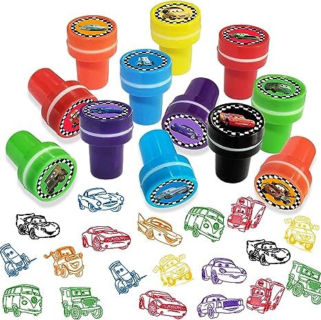 some colorful plastic cups with cars on them