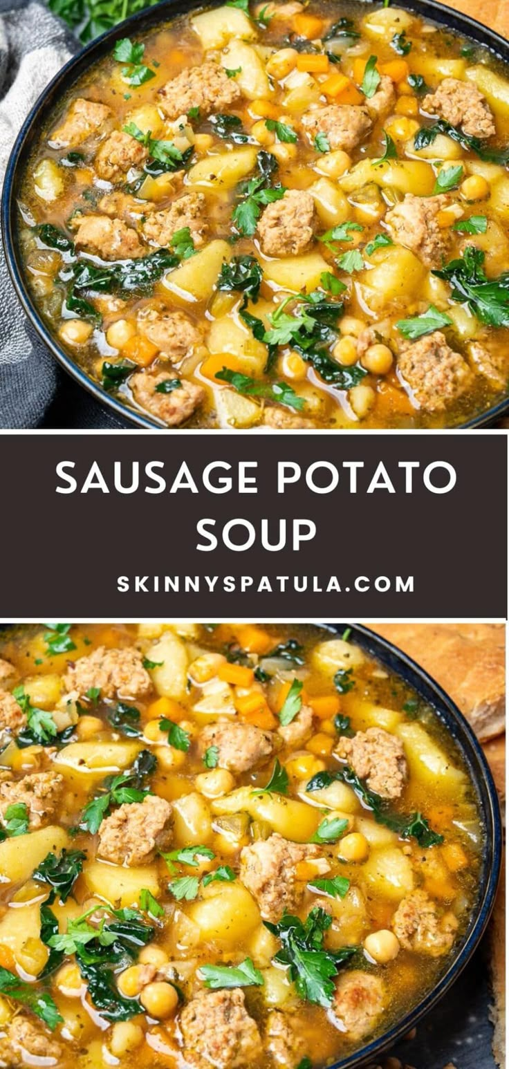 sausage and potato soup with spinach in a black bowl