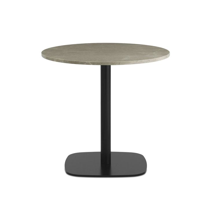 a round table with a black base and a marble top on an isolated white background