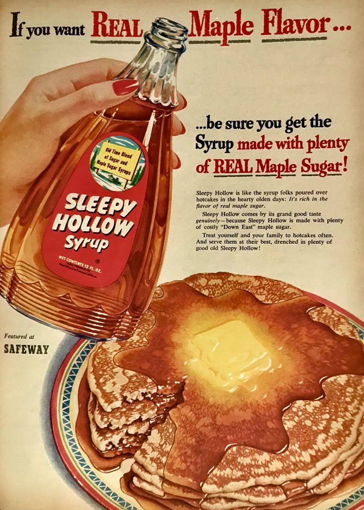 an advertisement for maple syrup on a plate with pancakes