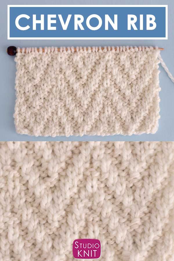 the chevron rib knitting stitch pattern is shown in white yarn and has a hook on it