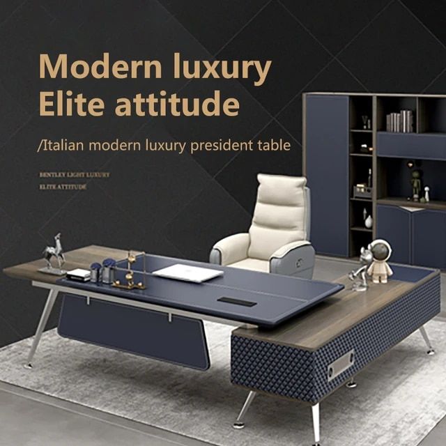 the modern luxury office desk is shown in blue and white colors, with an open bookcase behind it