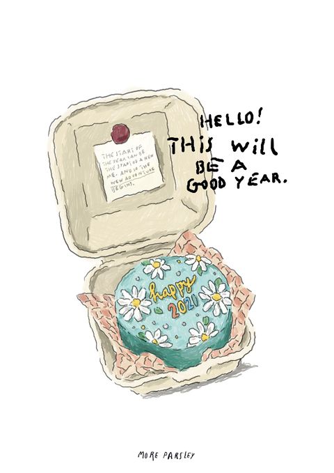 an open box with a blue frosted cupcake inside and the words hello, this will be a good year written on it