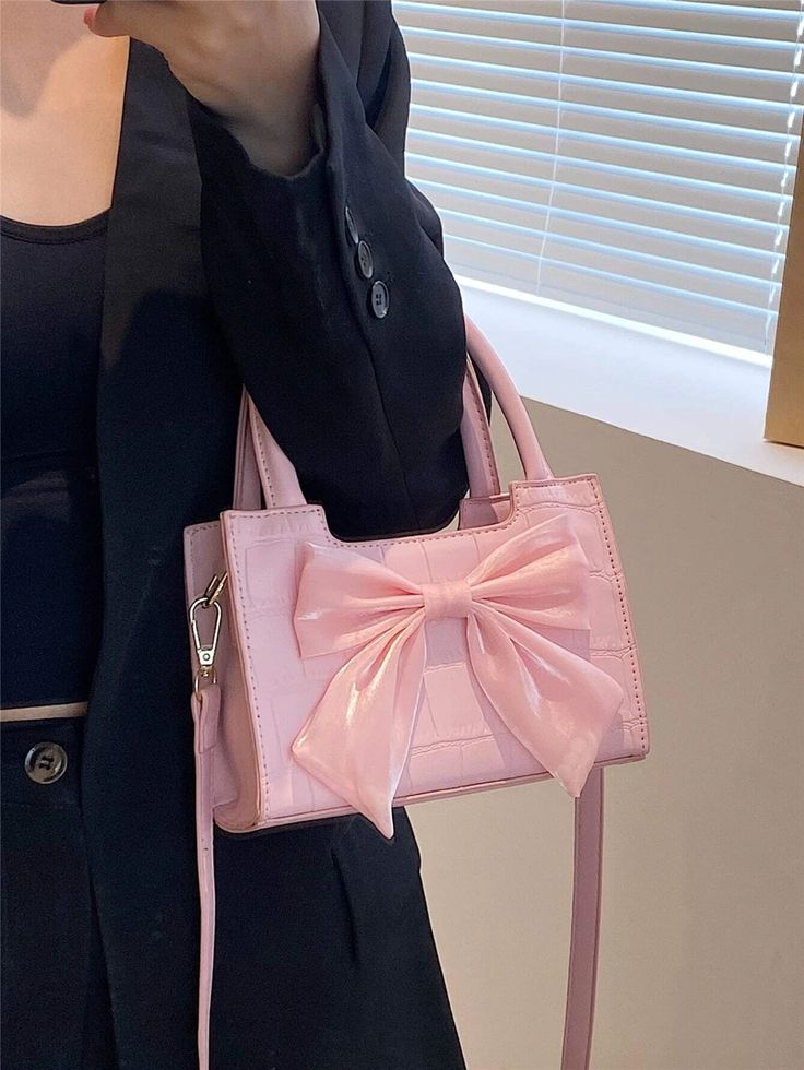 Mini Crocodile Embossed Bow Decor Square Bag | SHEIN USA Square Bag, Length Sleeve, Purse, Collar, Square, Pink