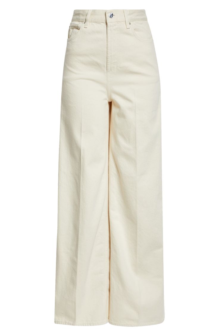 Pressed creases add definition to the wide-cut legs on these high-waisted pants cut from a midweight organic-cotton denim. Zip fly with button closure Five-pocket style 100% organic cotton Machine wash, line dry Made in Italy Designer Clothing Spring Workwear Beige Flare Jeans, Beige Cotton Flare Jeans For Work, Beige Wide Leg Pants With Five Pockets For Work, Classic High Rise Wide Leg Cotton Pants, Beige Wide Leg Jeans For Work, High Rise Beige Cotton Wide Leg Pants, Beige High Rise Wide Leg Cotton Pants, Cotton High-waisted Flare Jeans For Work, Cream Five-pocket Jeans For Work