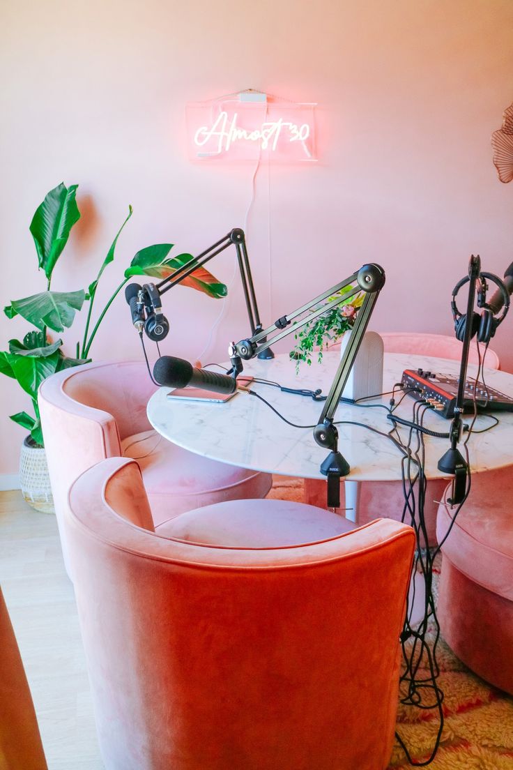 a living room with two chairs, a table and a microphone on top of it