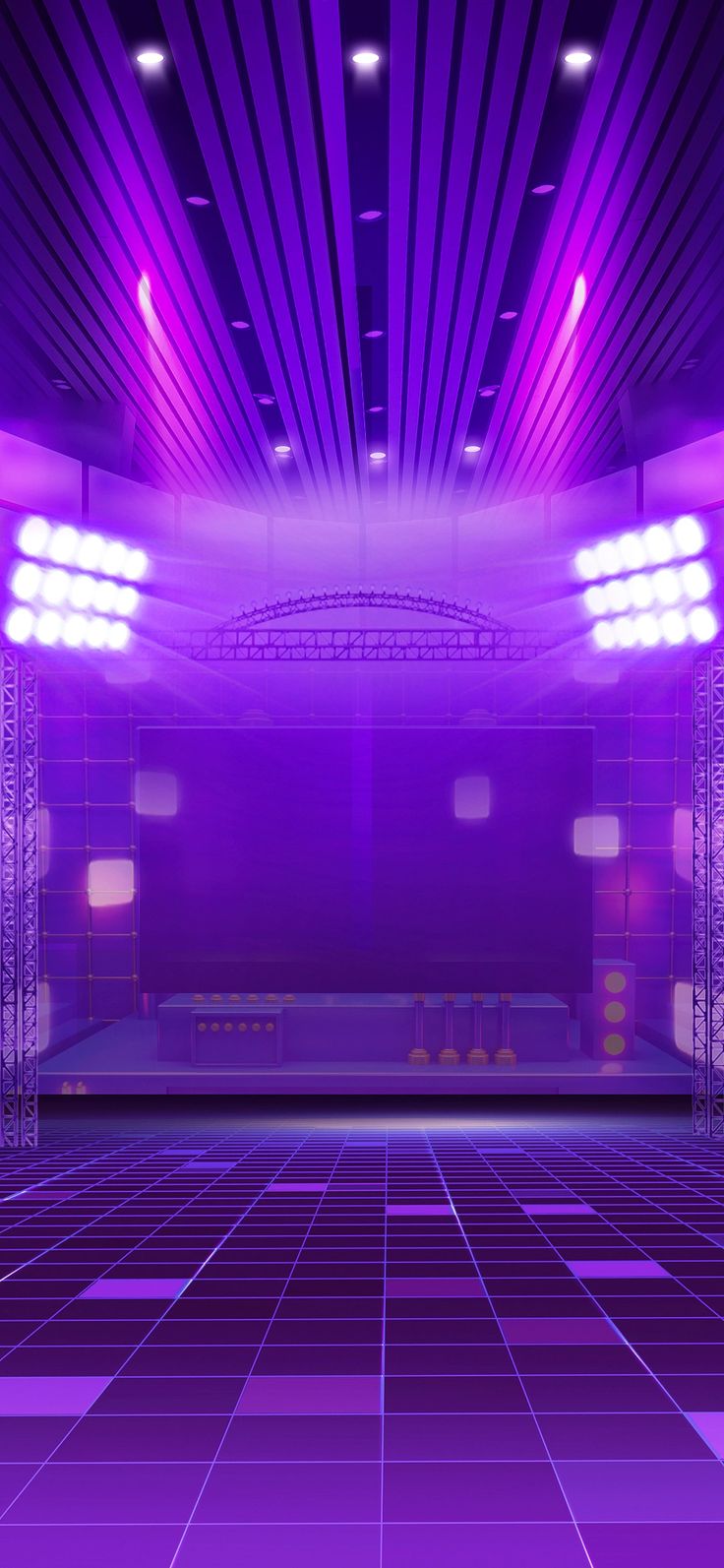 an empty stage with purple lighting in the middle