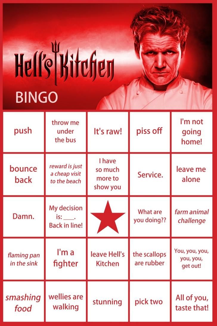 a red and white poster with the words hell's kitchen bingo written on it