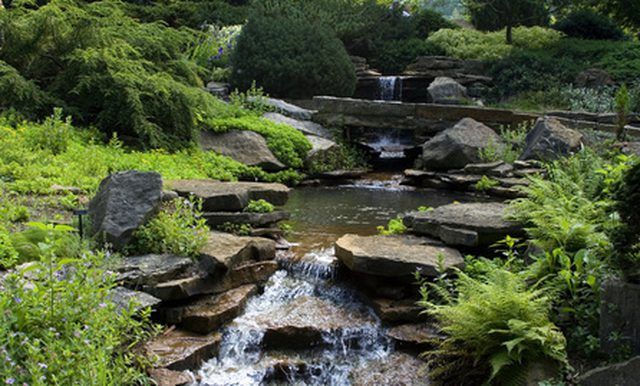 there is a small waterfall in the middle of this garden with rocks and plants around it