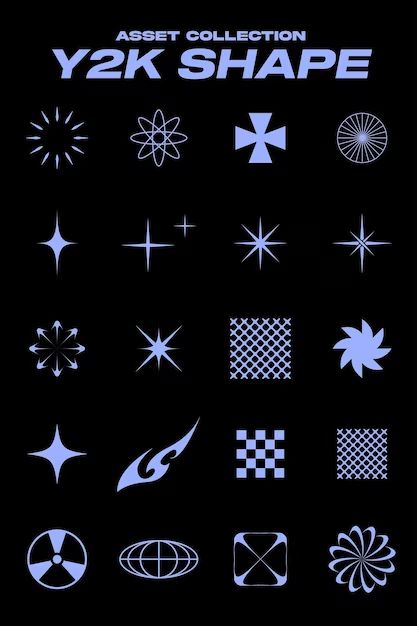 an assortment of different types of shapes and sizes on a black background with the words y2k shape