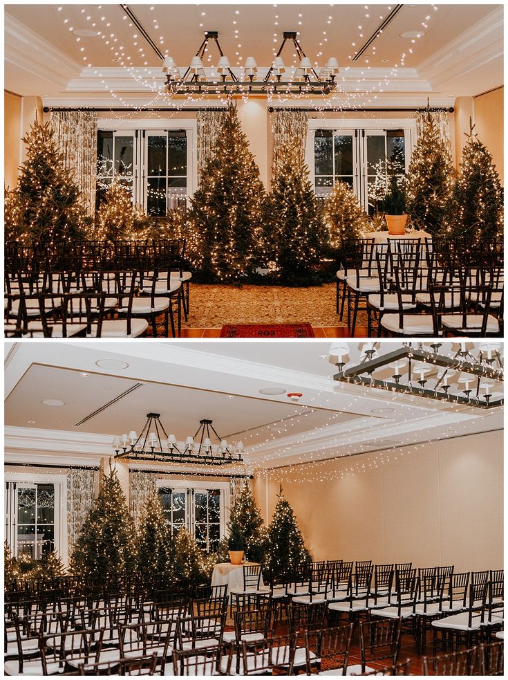 two pictures of the inside of a room with chairs and christmas trees on the tables