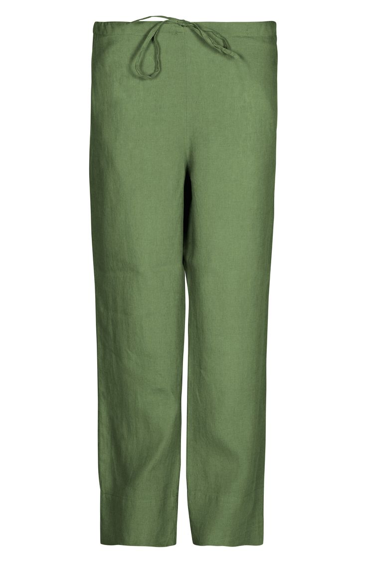 Lofty French linen shapes these lightweight lounge pants designed for all-day comfort with a roomy fit and drawstring waist. Drawstring waist 100% linen Machine wash, line dry Imported Green Pull-on Straight Pants, Green Pull-on Pants For Loungewear, Comfortable Green Lounge Bottoms, Comfortable Green Lounging Bottoms, Green Tapered Leg Pants With Pull-on Style, Green Straight Leg Loungewear Bottoms, Green Straight Leg Bottoms For Loungewear, Green Wide Leg Lounging Pants, Green Lounging Bottoms With Pockets