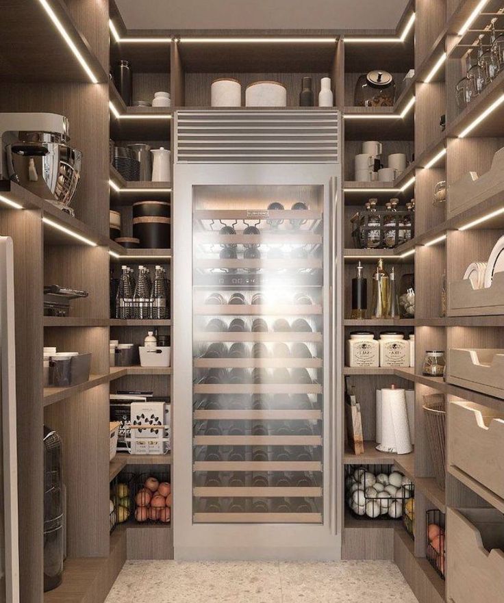 a very well organized pantry with lots of bottles and containers on the shelves in it