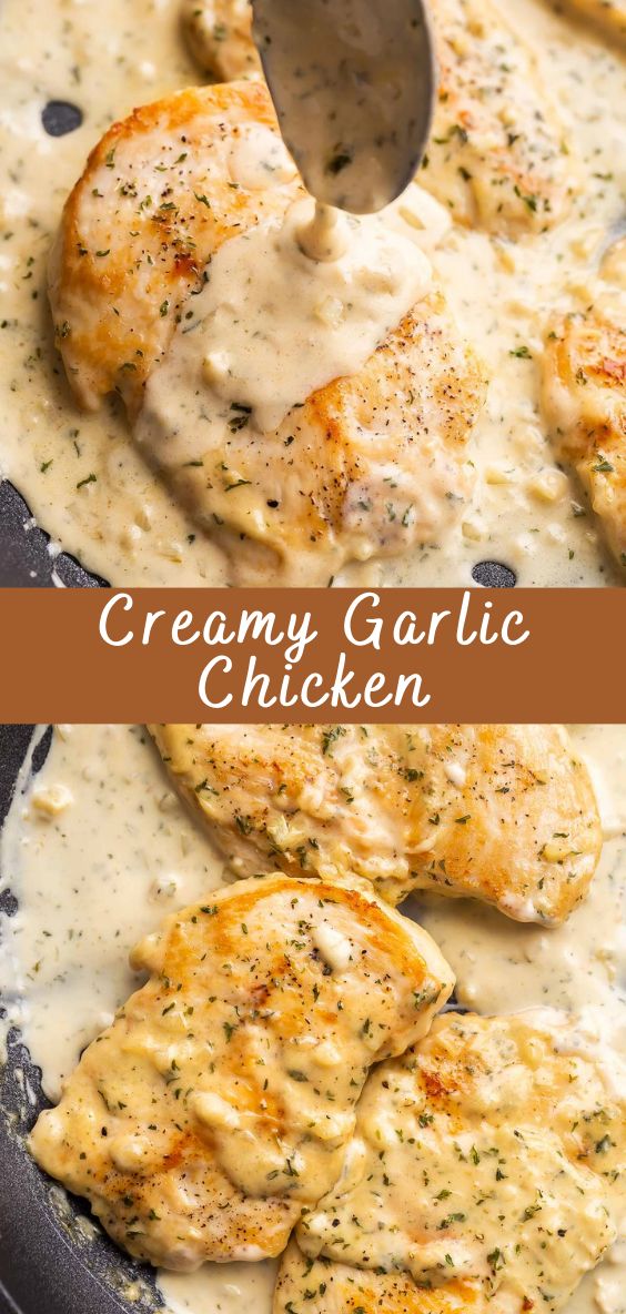 creamy garlic chicken in a skillet with gravy on the side and a serving spoon