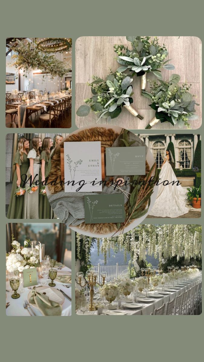 a collage of wedding photos with flowers and greenery on the top, in green tones