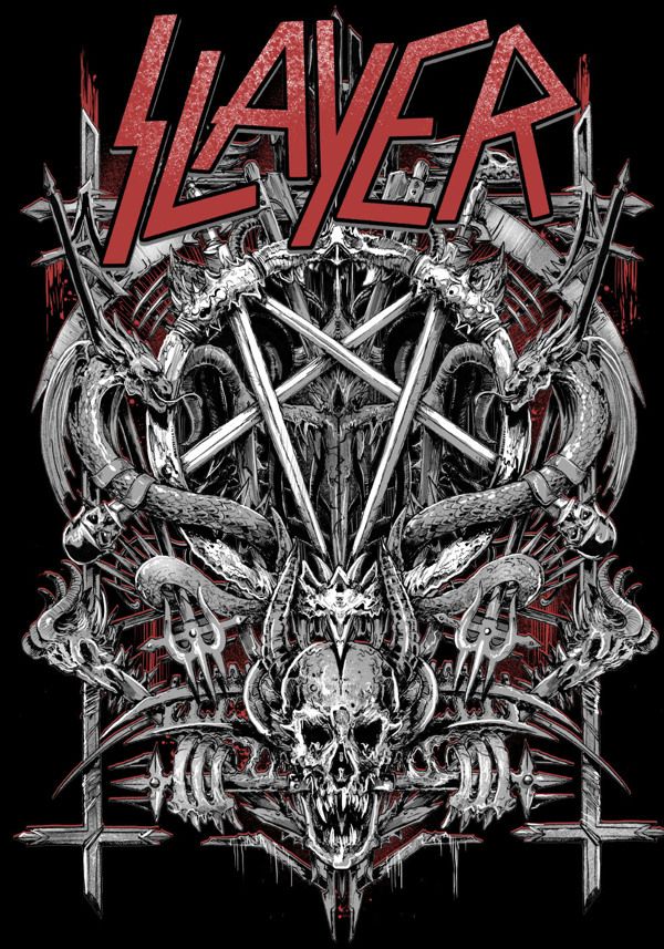 slayer's logo on a black shirt with skulls and swords in the middle of it