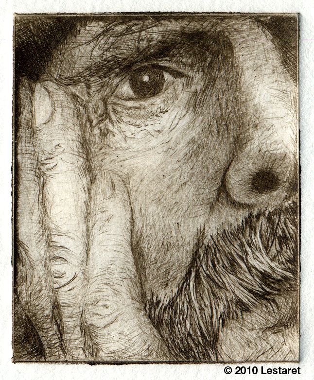 a drawing of a man with his hand on his face