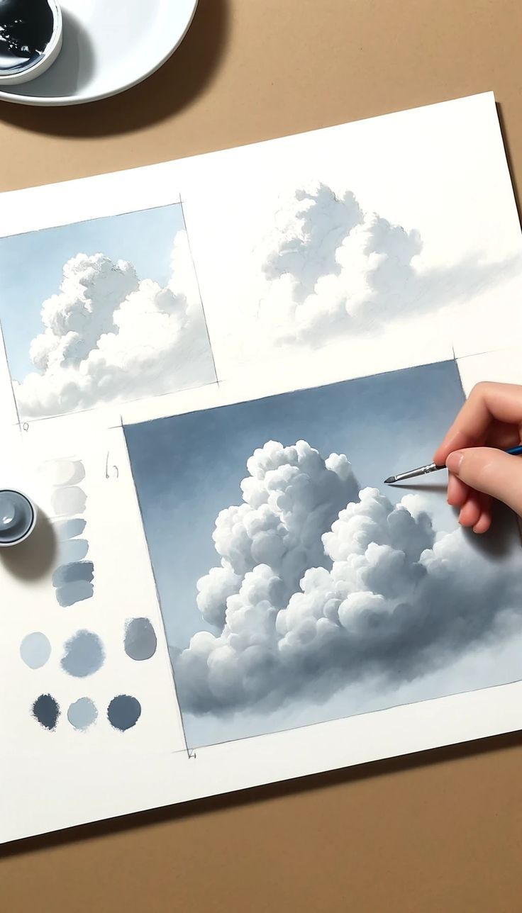 someone is painting clouds with watercolors on paper