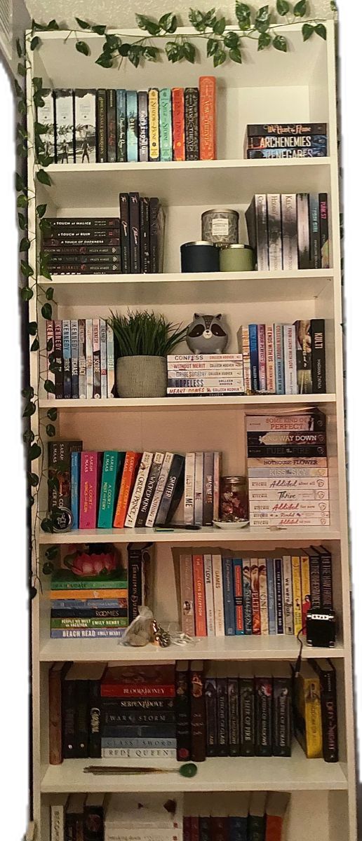 a bookshelf filled with lots of books next to a plant on the wall