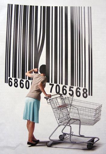 a woman pushing a shopping cart with a bar code on it's back side