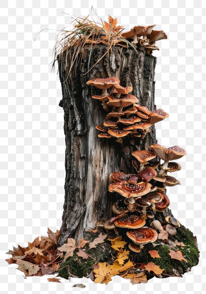 an old tree stump with mushrooms and leaves on it