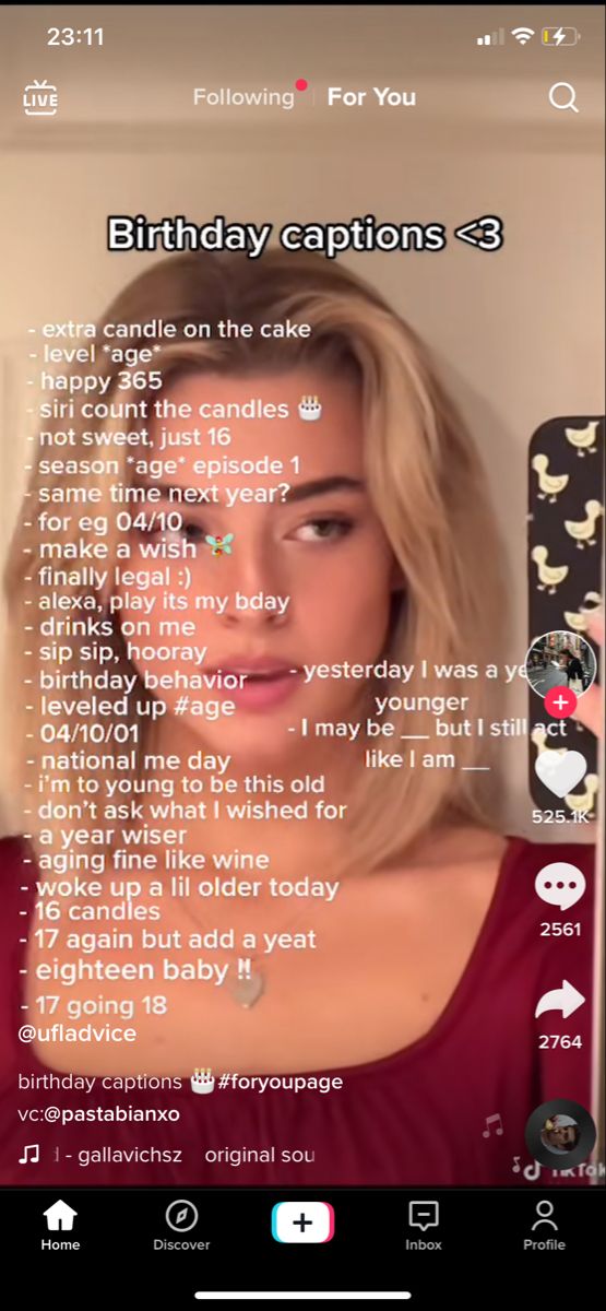 a woman with blonde hair is looking at her birthday caption on the phone screen