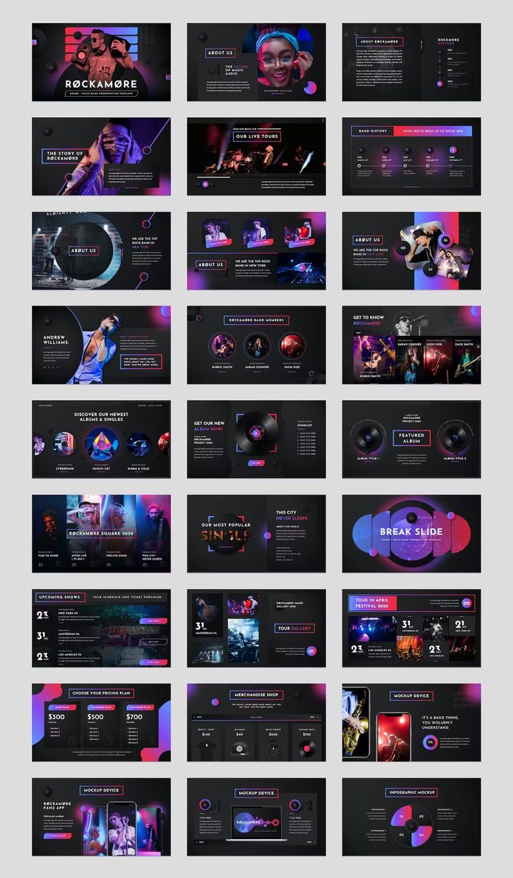 a large set of slideshows with different colors and shapes, including the title