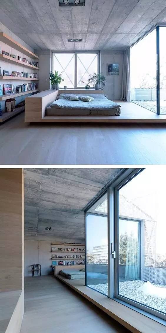 two pictures of a bedroom with wooden floors and walls, one showing the bed in the middle