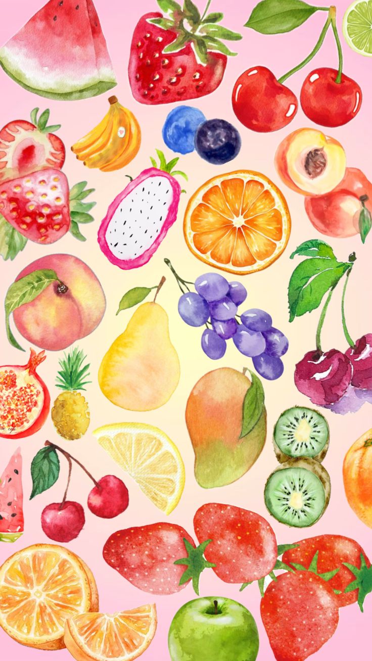 watercolor painting of fruits and vegetables on a pink background with green leaves, strawberries, oranges, apples, pears, lemons