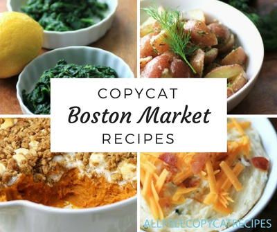 four different pictures with the words copycat boston market recipes on them and images of food in bowls