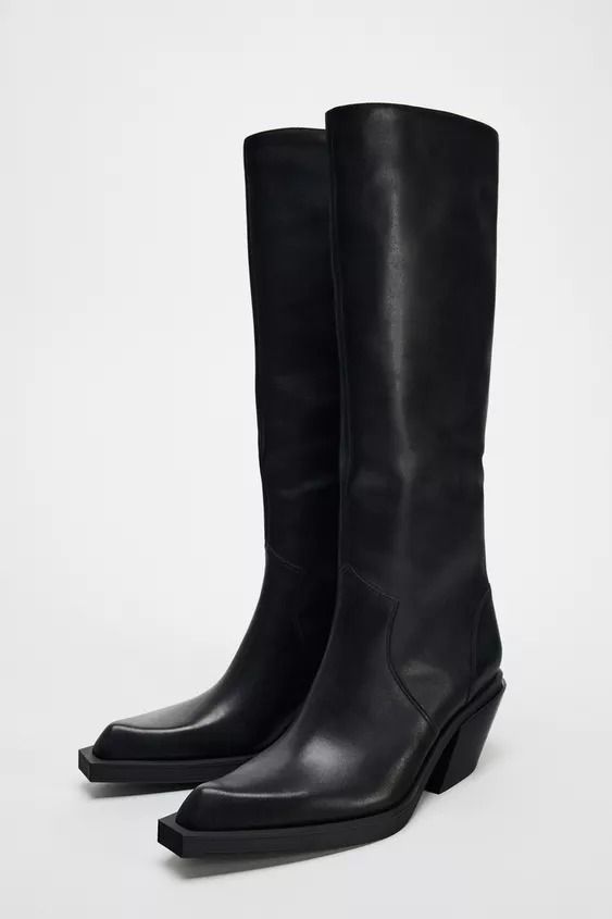 LEATHER HEELED COWBOY BOOTS - Black | ZARA United States Heeled Cowboy Boots, Leather Knee High Boots, Boots Cowboy, Cowboy Style, Leather Shirt, Knee High Leather Boots, Moto Boots, Zara United States, Boots Black