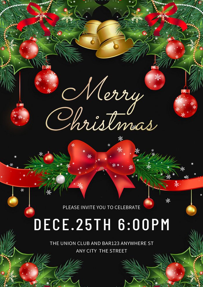 christmas party flyer with bells and ornaments