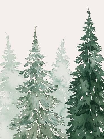 watercolor painting of three evergreen trees in the foggy forest with white snow on them