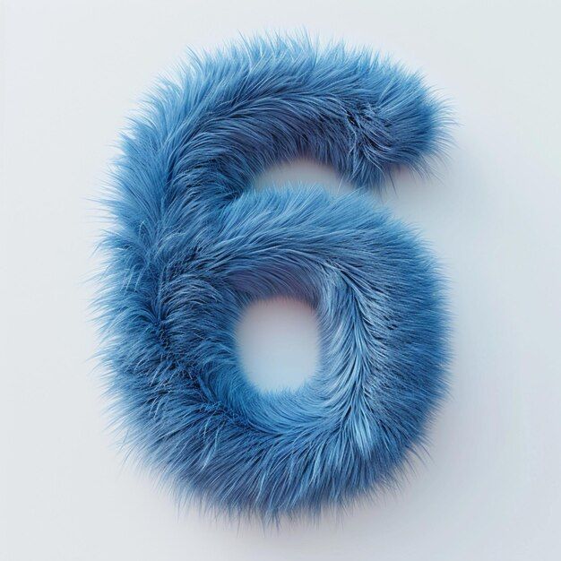 the number six is made out of blue fur and sits on top of a white surface