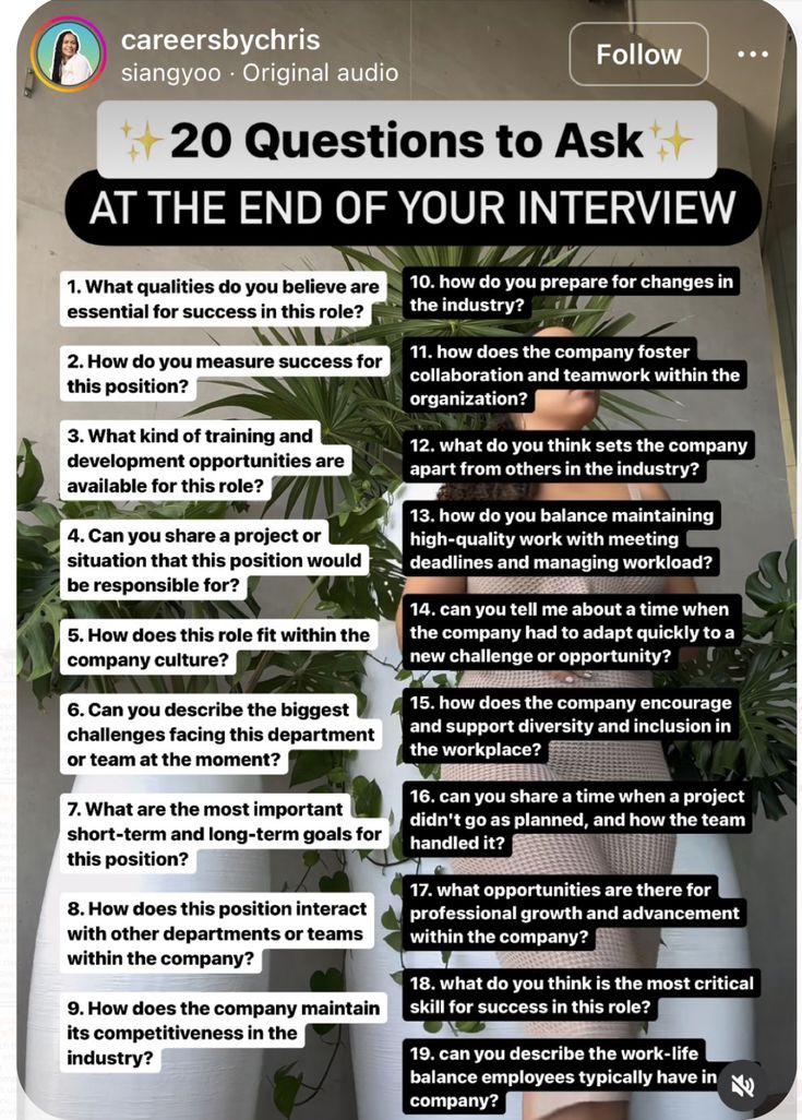 a poster with the words 20 questions to ask at the end of your interview