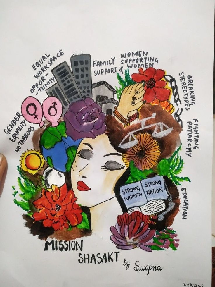 a drawing of a woman's face surrounded by flowers and other things in her hair