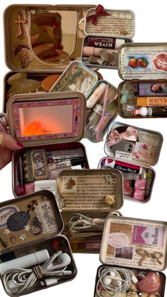 an assortment of small tins with various items in them