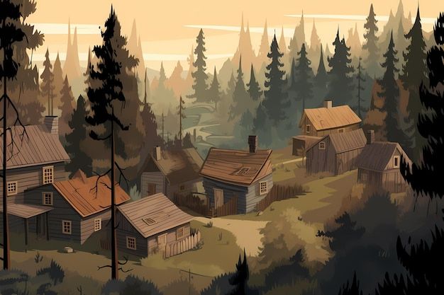 an illustration of a village in the woods with trees and houses on it's sides