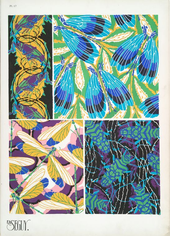 an image of four different patterns in blue, yellow and green colors on black paper