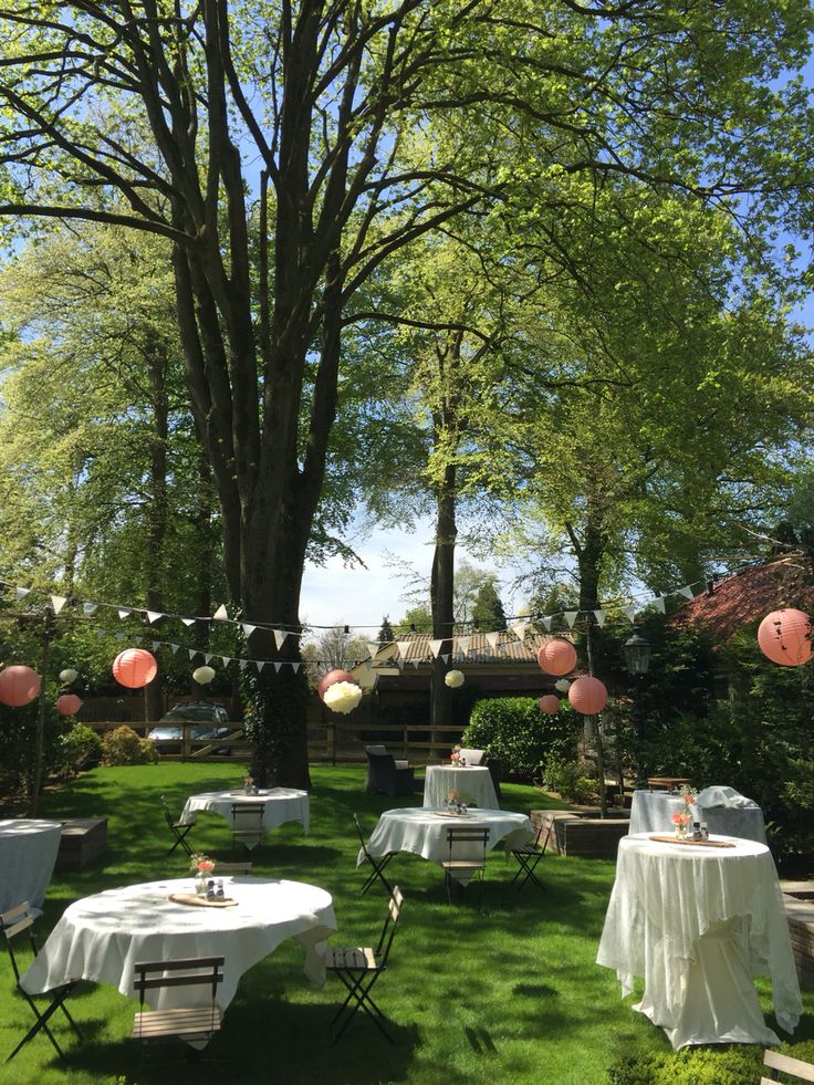 tables and chairs are set up in the grass for an outdoor party with paper lanterns hanging from trees