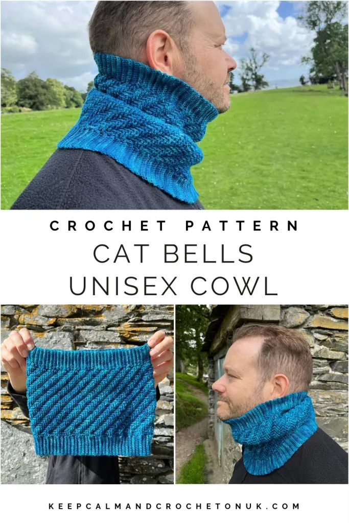 a man wearing a blue knitted cowl with the text, crochet pattern cat bells unisex cowl