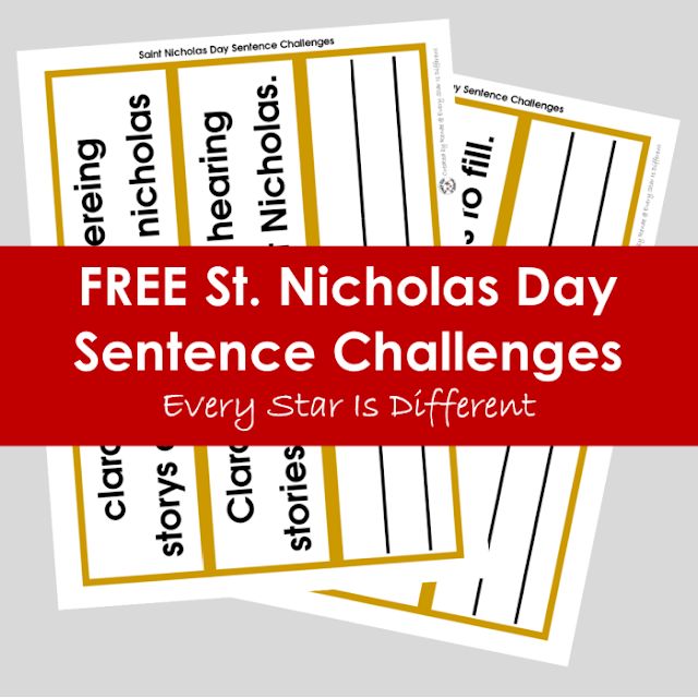 three free st nicholas day sentence challenge cards with the text, every star is different