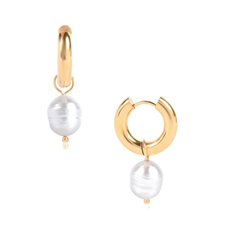 Water resistant 💧 Materials: Stainless steel, freshwater pearl Measurements: 2 cm x 3 cm Closure: Snap Allergy Information: Hypoallergenic Everyday Metal Hoop Earrings With Pearl Drop, Small Hoop Metal Pearl Drop Earrings, Small Hoop Pearl Drop Earrings In Metal, Metal Hoop Earrings With Pearl Charm, Gold Round Clip-on Earrings With Pearl Drop, Metal Hoop Pearl Earrings With Pearl Charm, Gold-plated Drop Pearl Earrings, Clip-on, Gold Round Clip-on Pearl Earrings, Gold-plated Hoop Pearl Drop Earrings