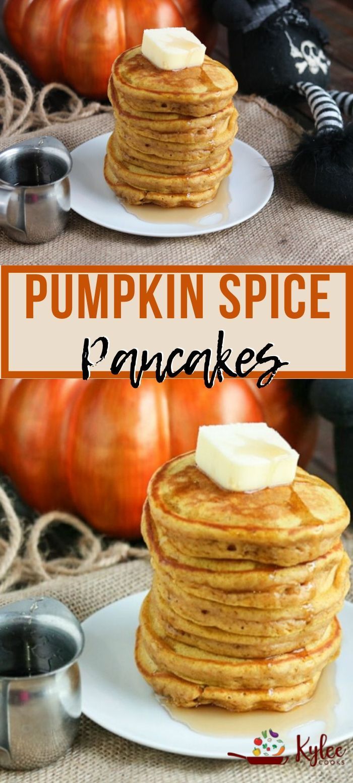 pumpkin spice pancakes are stacked on top of each other and topped with butter for toppings