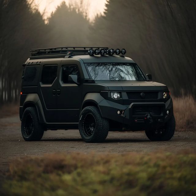 a black vehicle parked on the side of a dirt road in front of some trees